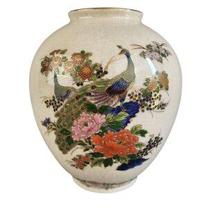 Japanese Satsuma Style Porcelain Vase Crackle Glaze Peacocks Floral Gold VTG